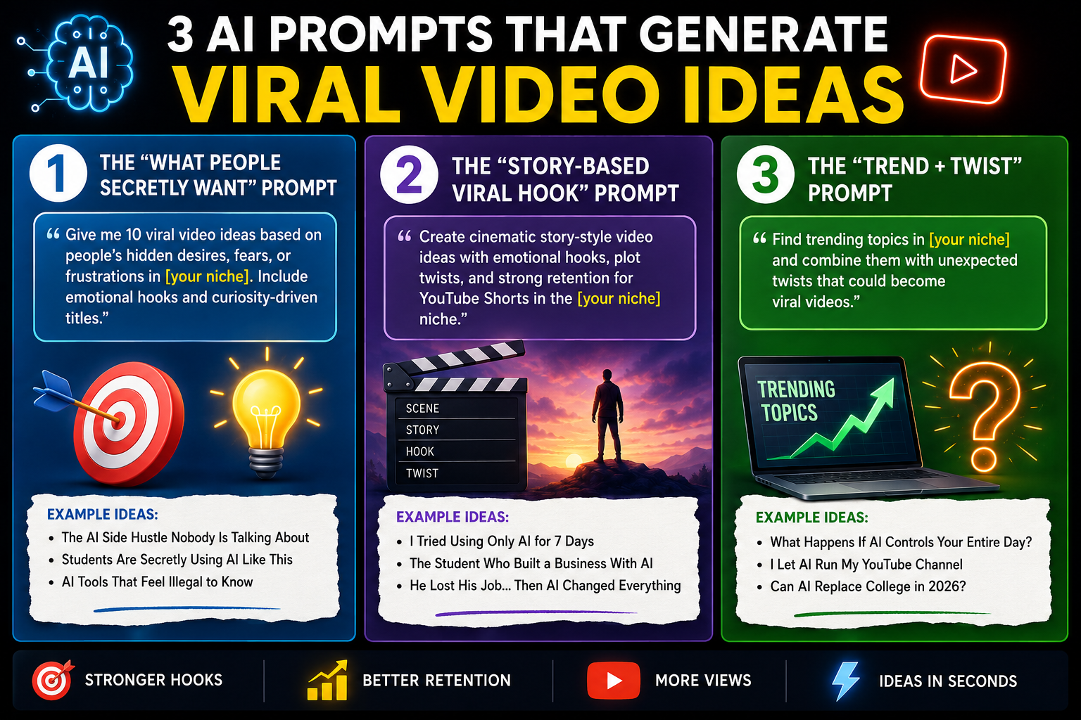 “I Used These 3 AI Prompts to Generate 50 Viral Video Ideas in 10 Minutes