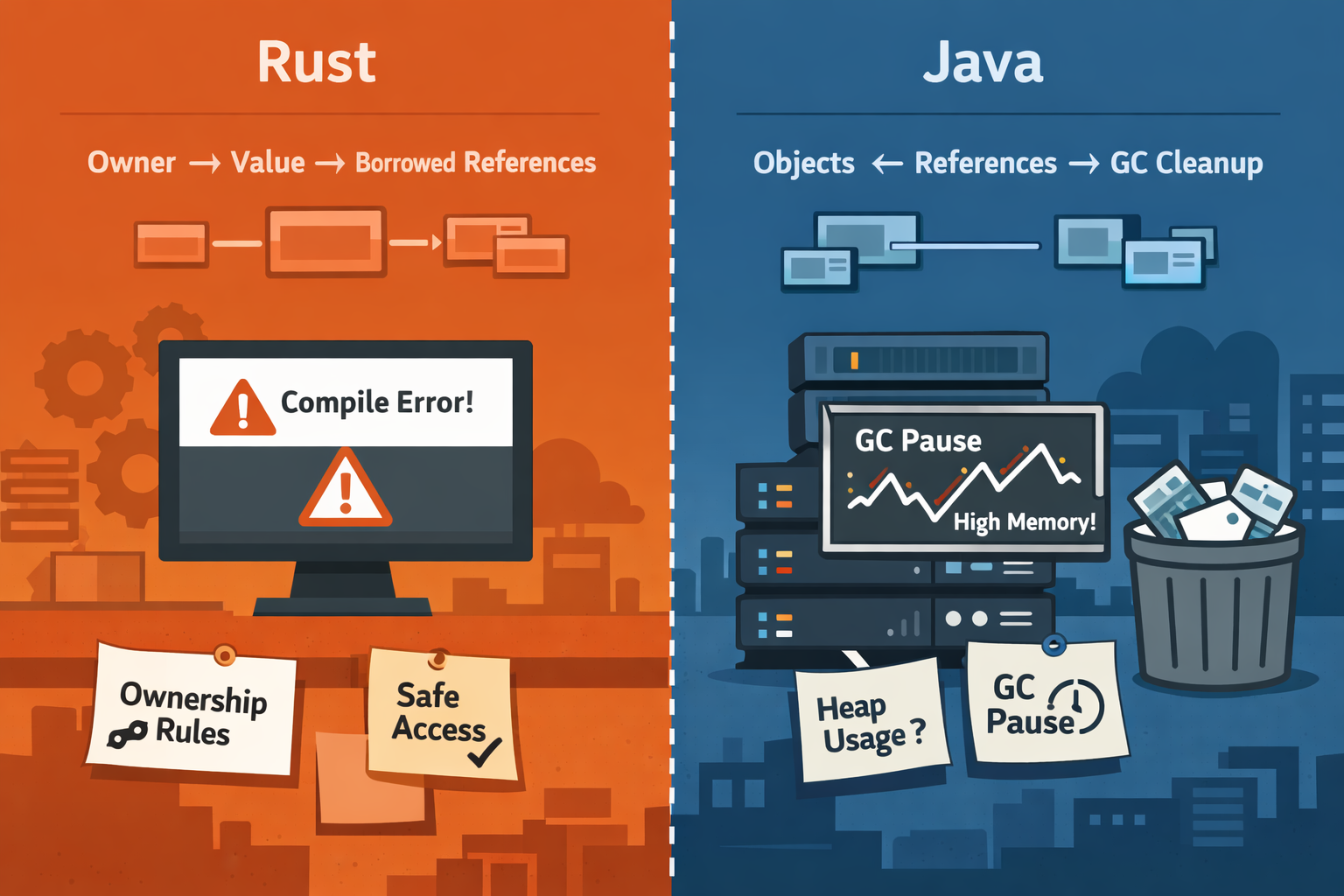 Rust Borrow Checker vs Java Garbage Collector: How They Really Differ in a Single Diagram