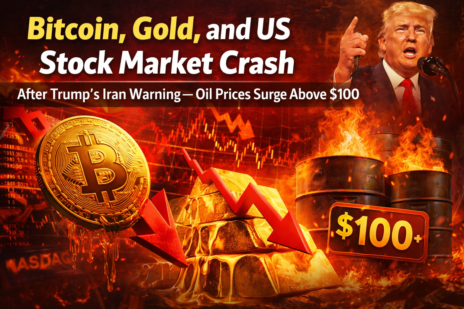 Bitcoin, Gold, and US Stock Market Crash After Trump’s Iran Warning — Oil Prices Surge Above $100