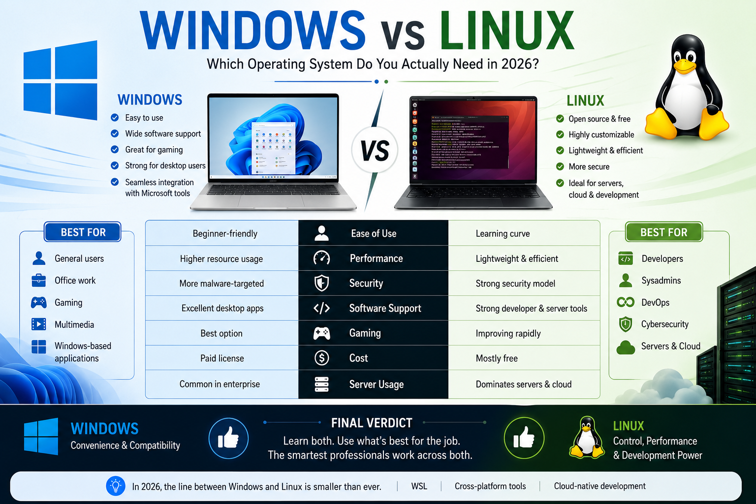 Windows vs Linux: Performance, Security, and Developer Experience Compared (2026 Guide)