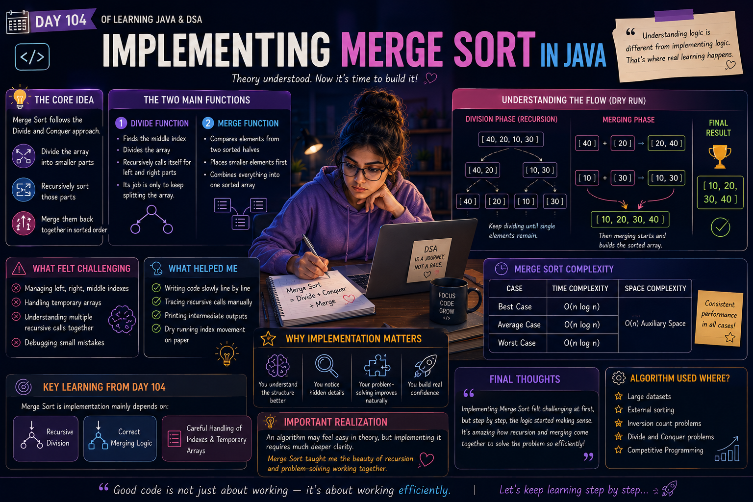 Day 104 of Learning Java & DSA: Implementing Merge Sort in Java