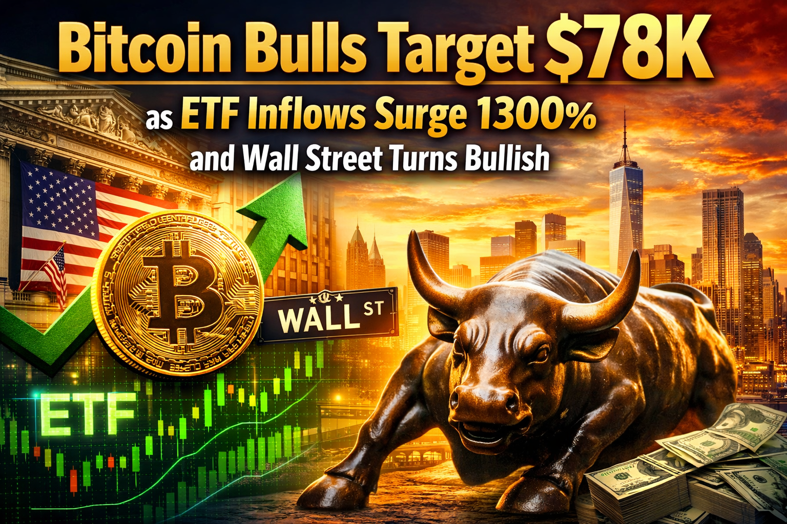 “Bitcoin Bulls Target $78K as ETF Inflows Surge 1300% and Wall Street Turns Bullish”