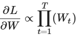 ∂L / ∂W ∝ (t = 1 to T) ∏ (W_t)