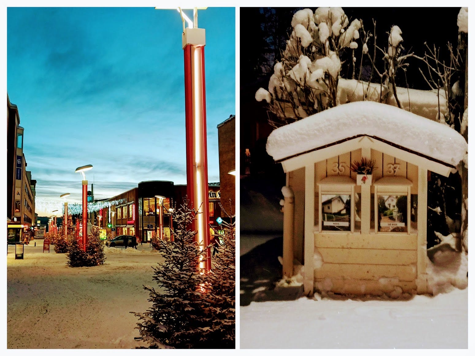 (L) Trung tâm thành phố Rovaniemi sáng lên (R) Hộp thư của một ngôi nhà