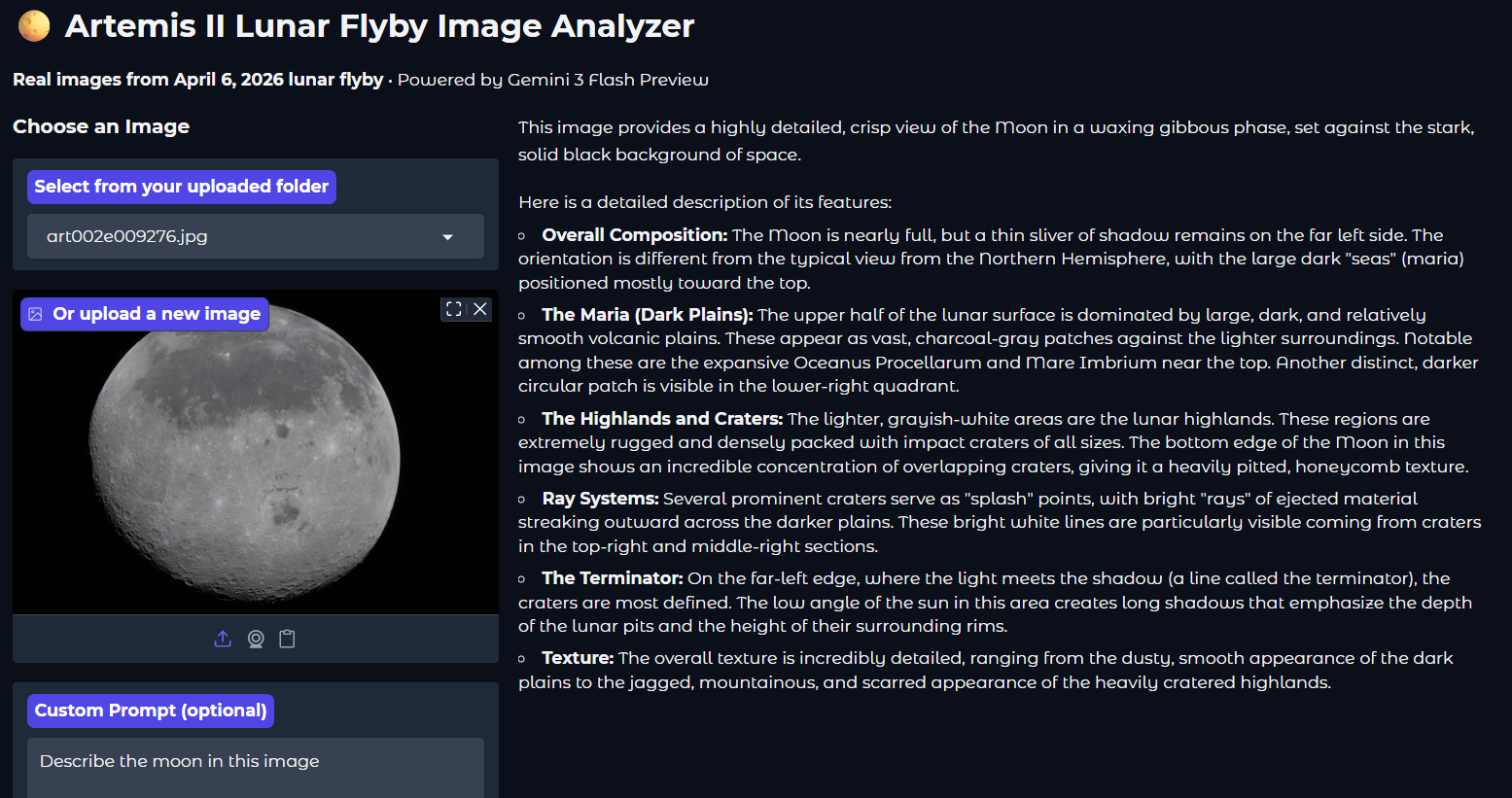 Aretemis II Lunar Flyby Image Analyzer Aretemis II Lunar Flyby Image Analyzer