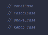 Case styles commonly used: Camel Case, Pascal Case, Snake Case, Kebab Case