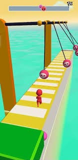 A character is running across a long platform, with swinging pendulums in front of them
