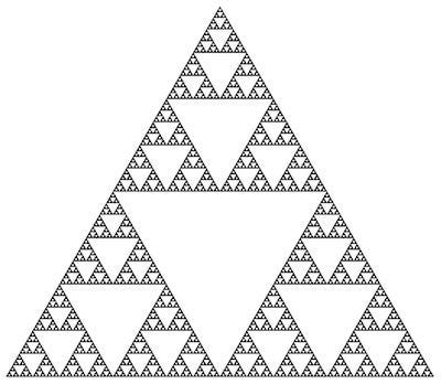 A sierpinski triangle fractal: one large equilateral triangle made up of many smaller equilateral triangles.