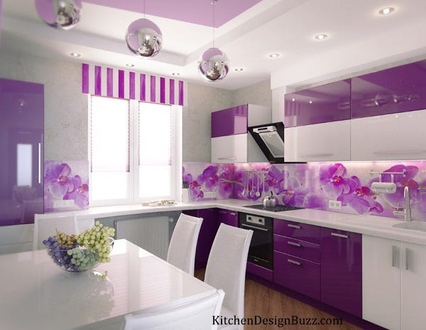 Elegant Purple Kitchen Designs Mike Sherly Medium Purple Becomes A Neutral When It Has Plenty Of Gray Added To Tone Down This Kitchen Clad In Grayish Wall Covering Is Simply Stunning