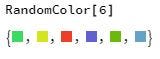 Screenshot of RandomColor function with six in brackets. Colors are green-blue, yellow, red, purple-blue, warm green, and blue.