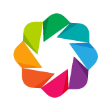 Bokeh “shutter” logo with multi-colored petals.