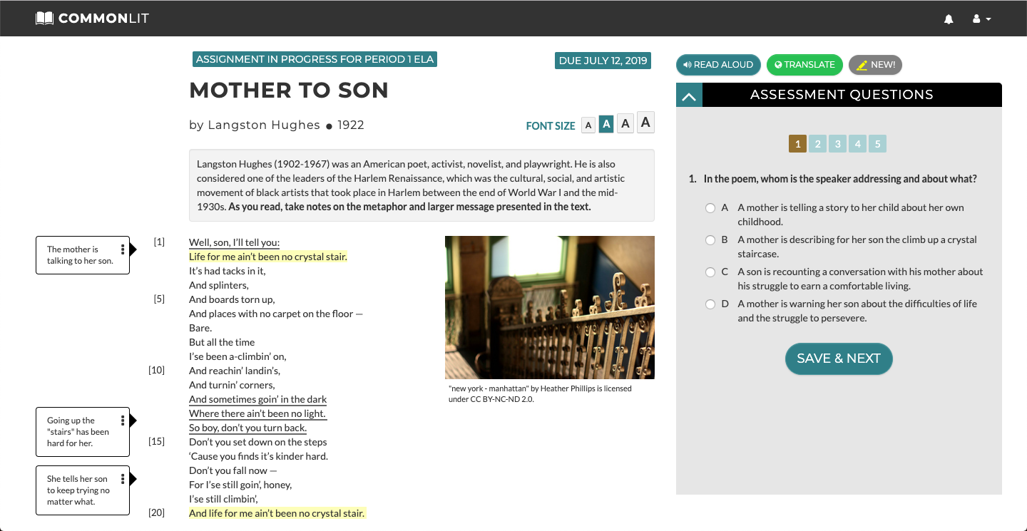 The CommonLit lesson "Mother to Son" marked up with annotations and highlighted pieces of text.