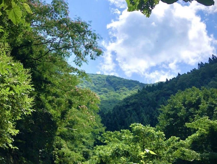 A green Mt. Atsumi seen under a bright blue sky with huge white cloud