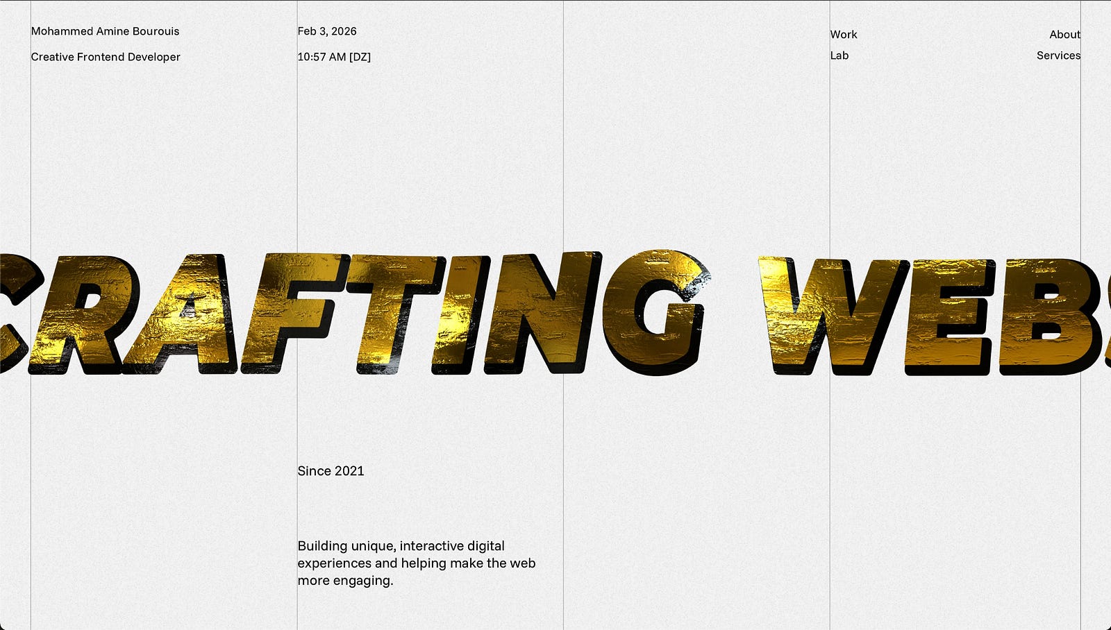 A minimalist portfolio website hero featuring large gold textured typography reading “CRAFTING WEB,” set on a light grid background with subtle interface text showing the creator’s name, role as a creative frontend developer, date, and navigation links.