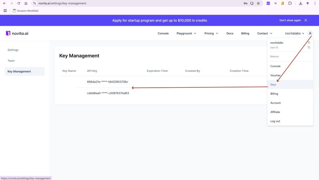 get api key from novita ai