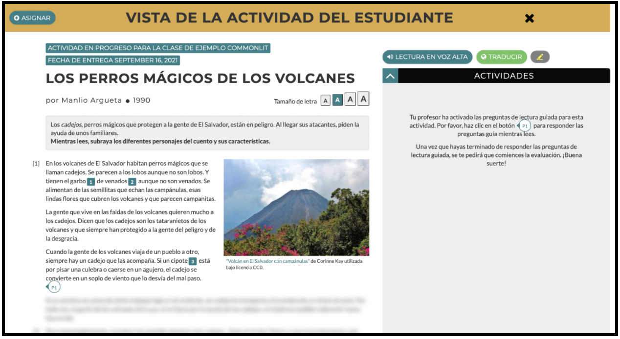 The Student Preview of the CommonLit Español lesson "Los perros mágicos de los volcanes." Guided Reading Mode is enabled, so part of the text is blurred.
