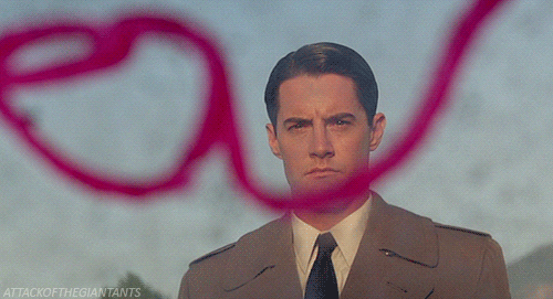 Dale Cooper as seen from inside vandalized car in Fire Walk With Me movie, animated GIF