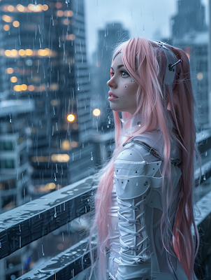 attractive female ninja, long pink hair, Gothic steam punk white outfit, rainy city, created AI image generated.