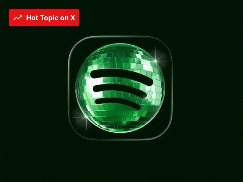 Spotify app icon redesigned as a green disco ball, featured in a social media graphic about a trending design discussion on X