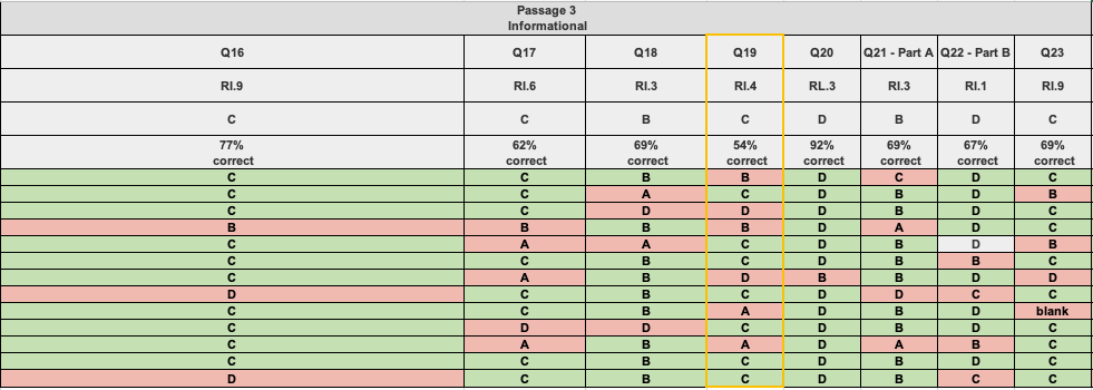 Dowloaded data report on student test scores with question 19 highlighted.