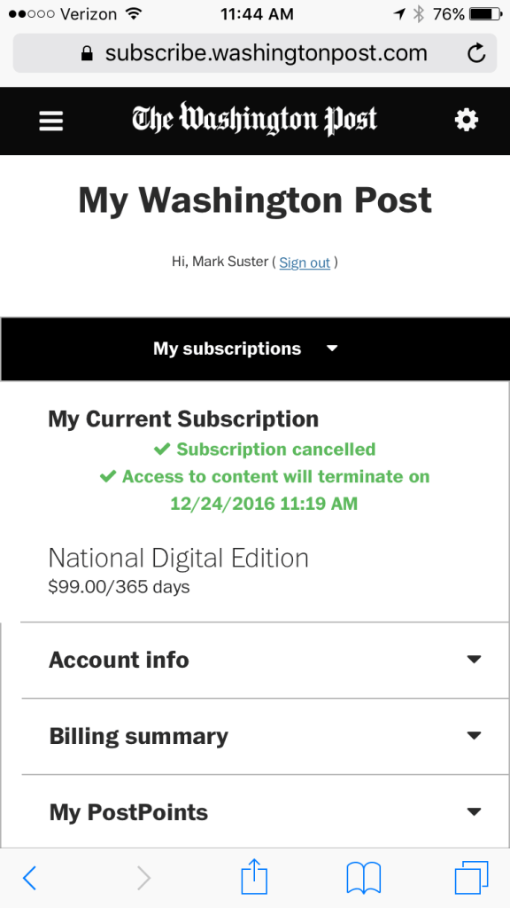 Cancelled WaPo Sub for 2016