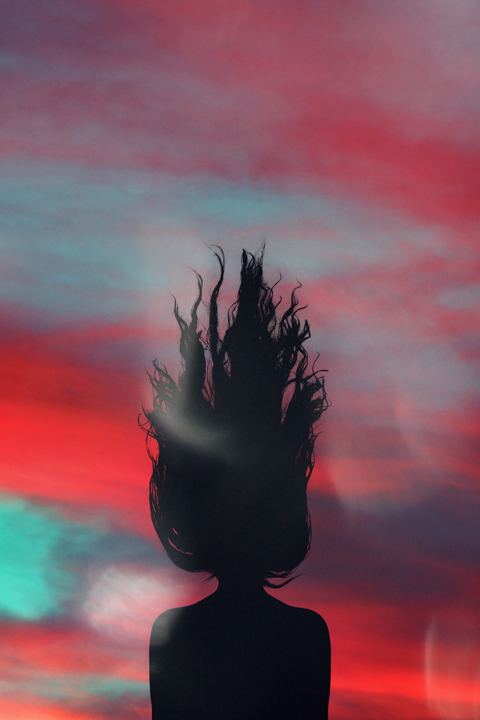 Illustration of a woman with her hair, flowing against gravity, rising to the sky. A fiery sunset-lit sky is behind her.