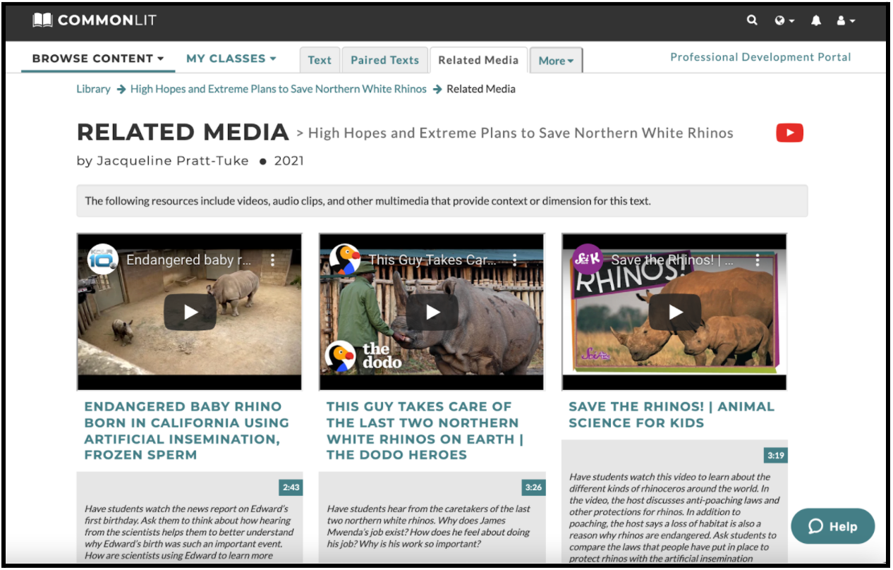 The Related Media tab for the CommonLit text "High Hopes and Extreme Plans to Save Northern White Rhinos."