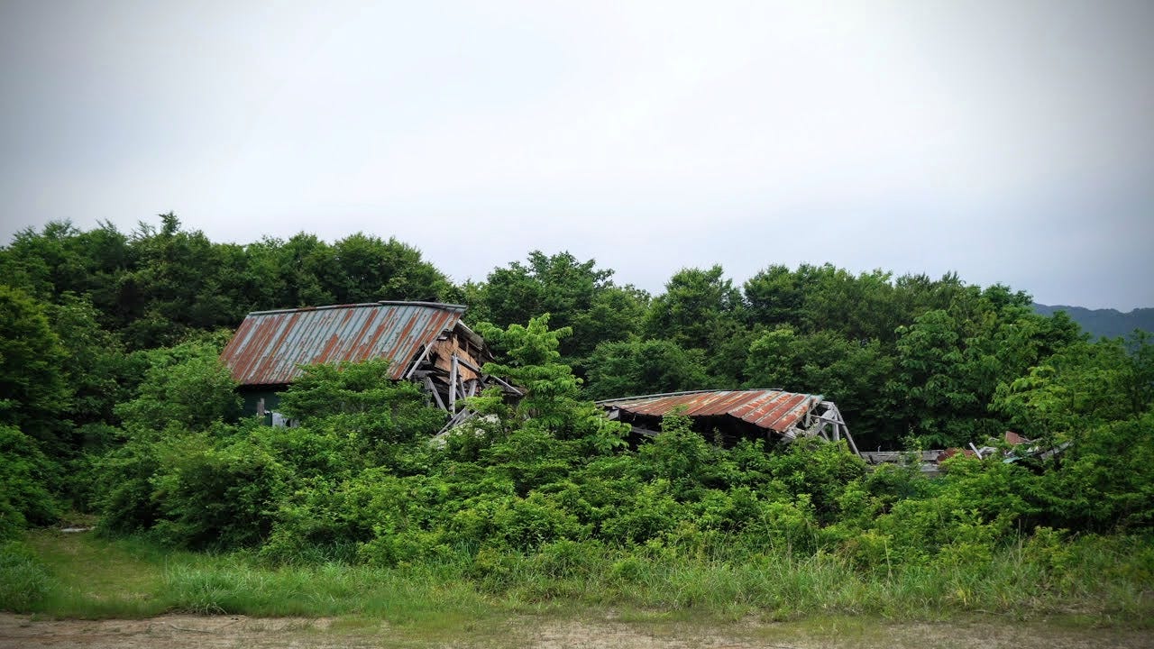 The rusted roof and collapsed buildings of Tsuchiyu-yama amongst a sprawling forest, an abandoned ski field in Yamagata Prefecture.