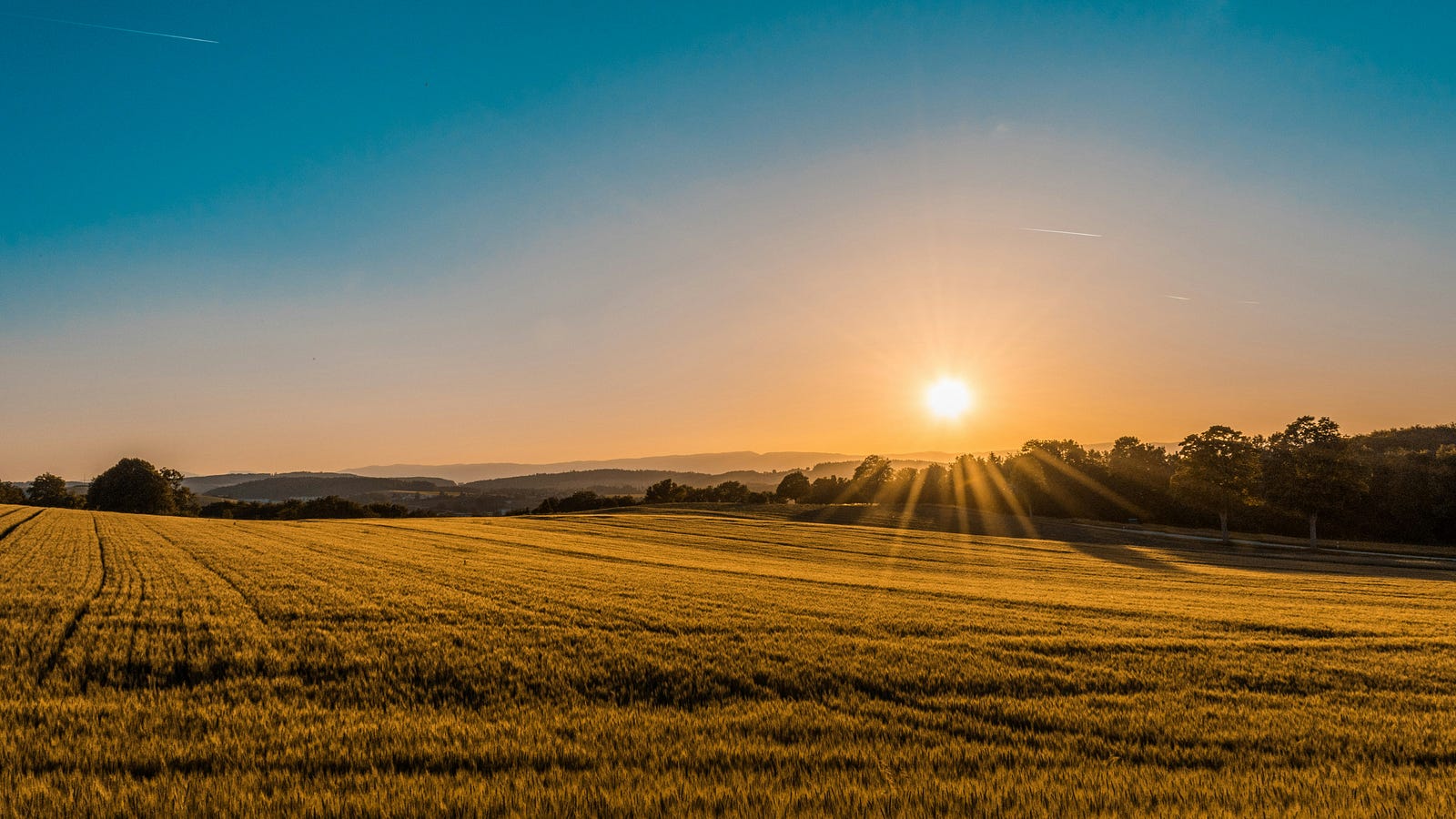 The sun sets over a farm.