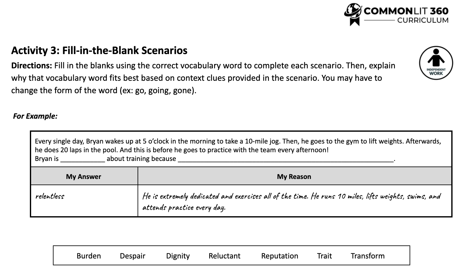 An example vocabulary activity from CommonLit 360. 