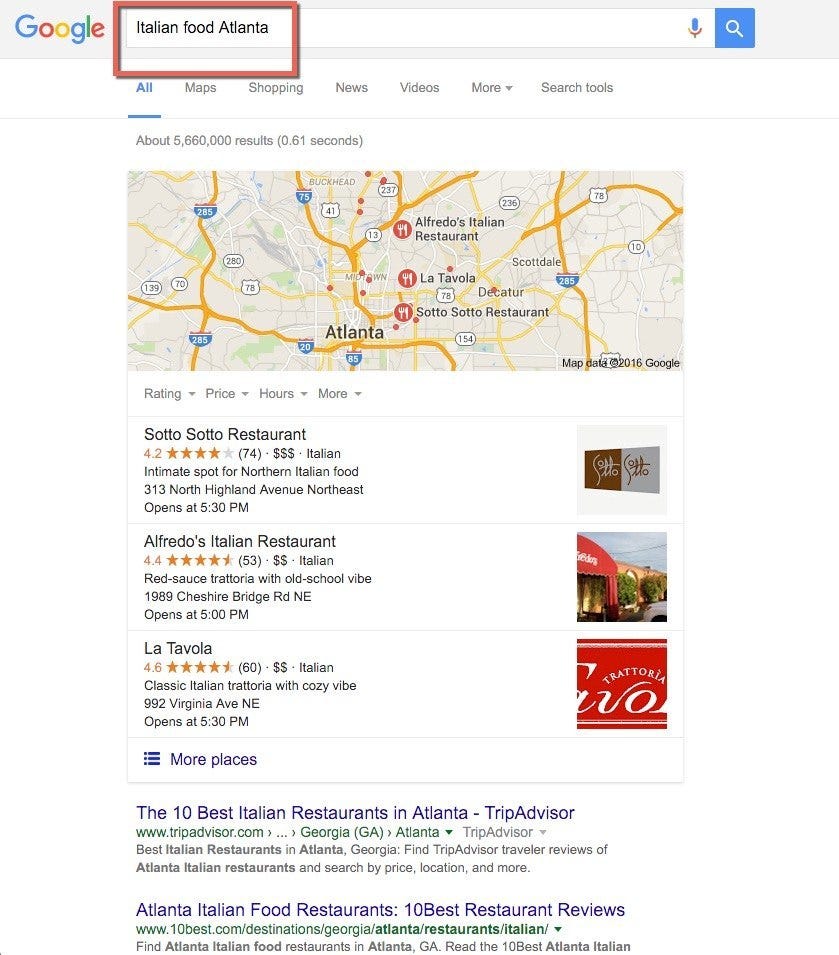 Google Search for Italian Food Atlanta