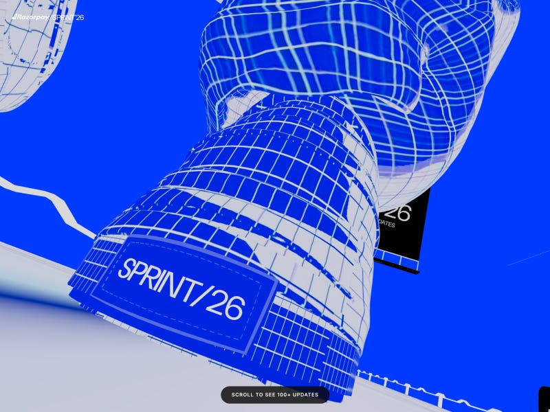 3D wireframe trophy labeled “SPRINT/26” in a bold blue interface, representing Razorpay’s AI-native payments event with futuristic data visuals in the background.