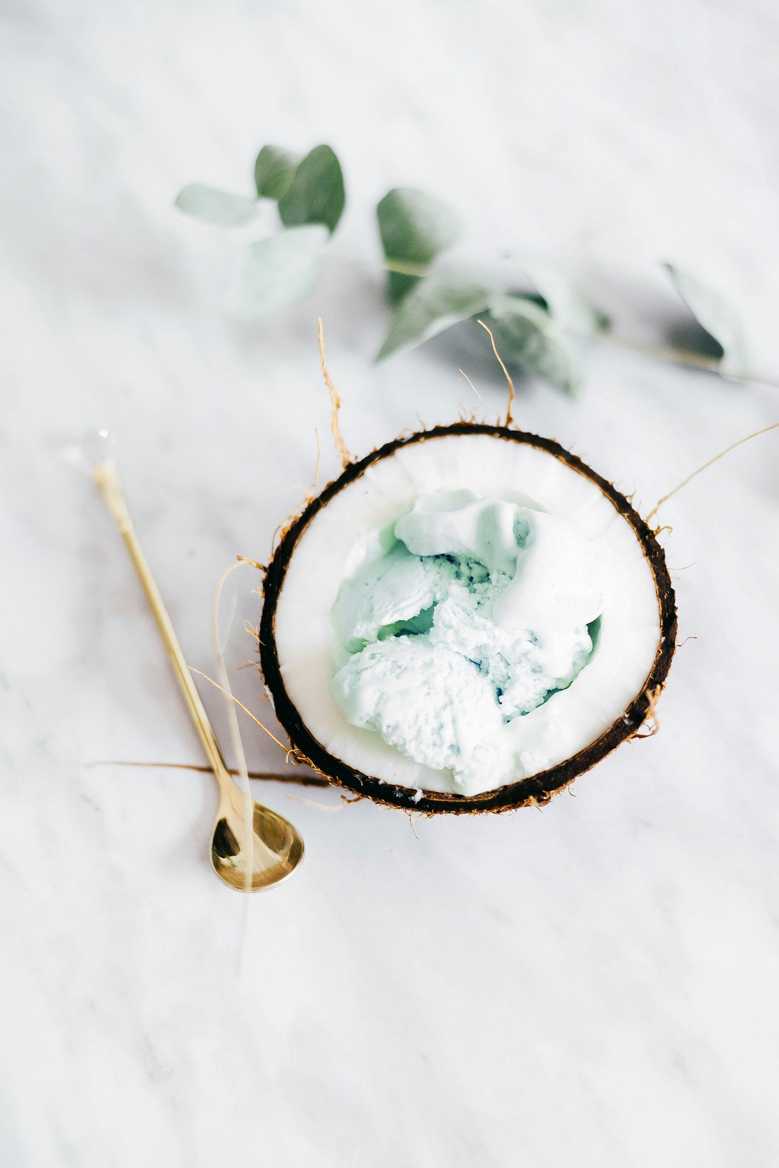 A food that looks like ice cream inside a cut half coconut shell.