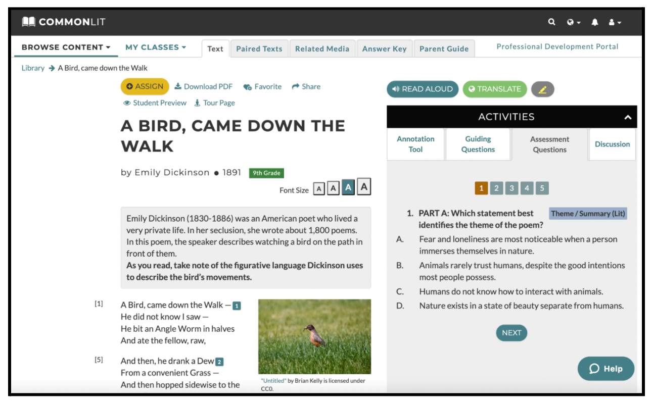 The CommonLit text "A Bird, Came Down the Walk"