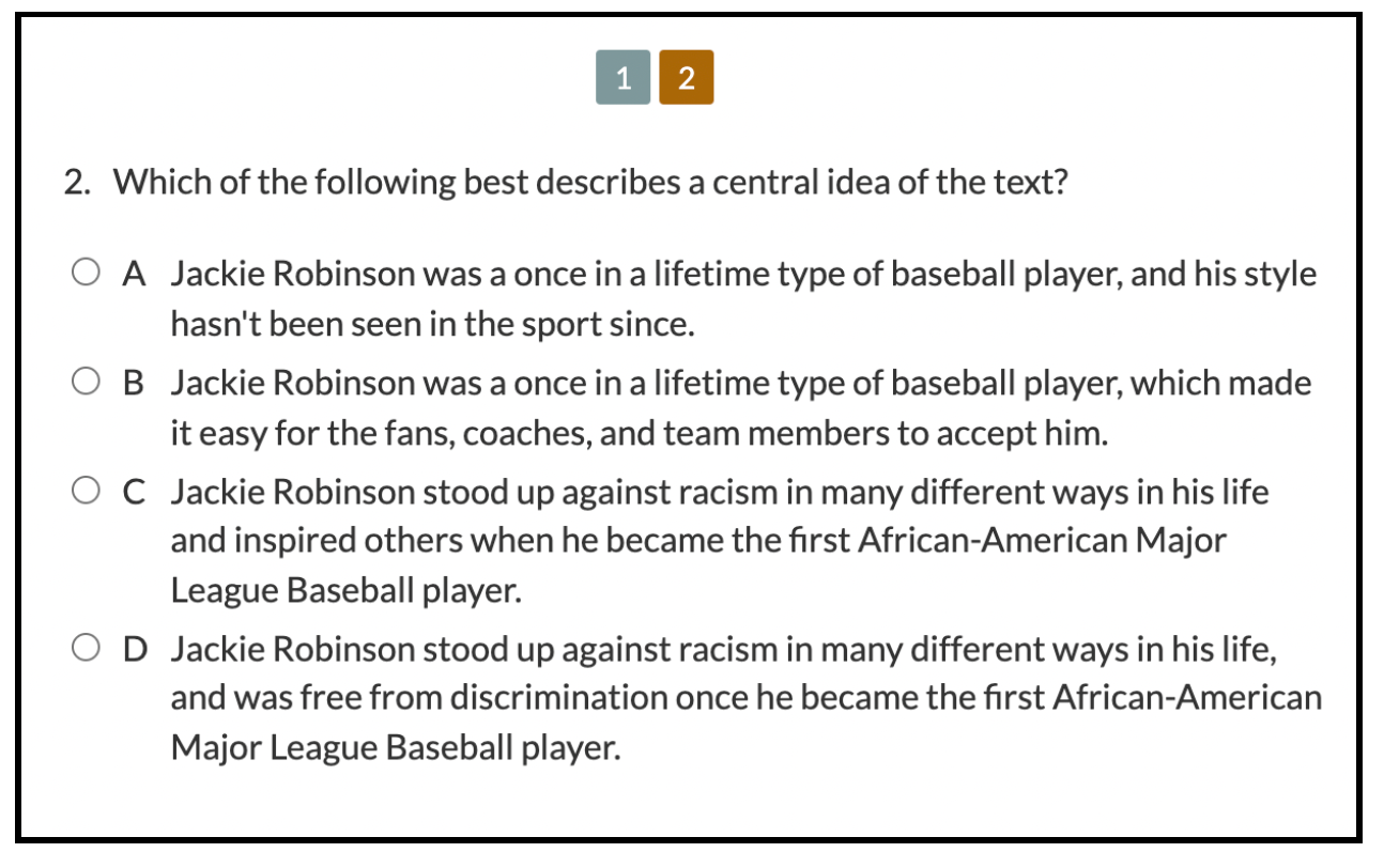 A multiple-choice assessment question that asks "Which of the following best describes a central idea of the text?"