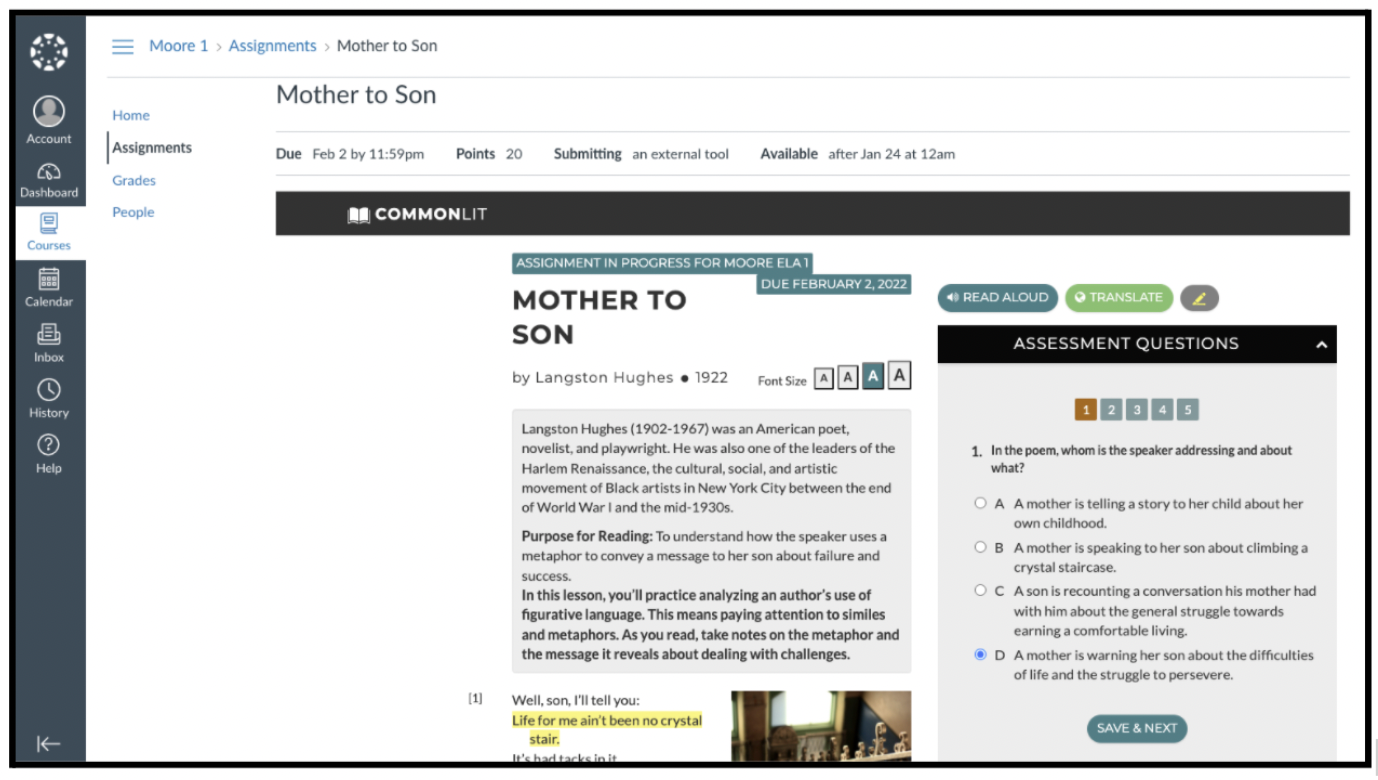 The CommonLit lesson "Mother to Son" assigned in Canvas. 