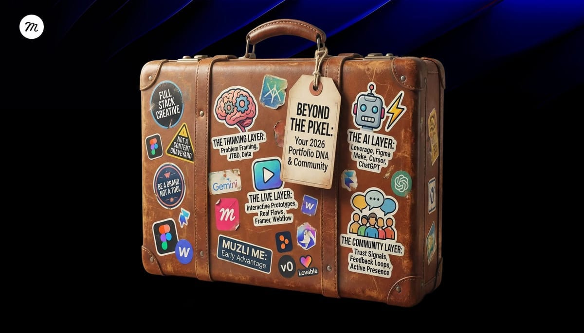 A dark blog cover image showing a vintage leather suitcase covered with colorful stickers and labels about design, AI tools, prototyping, and community, symbolizing a modern creative portfolio journey in 2026.