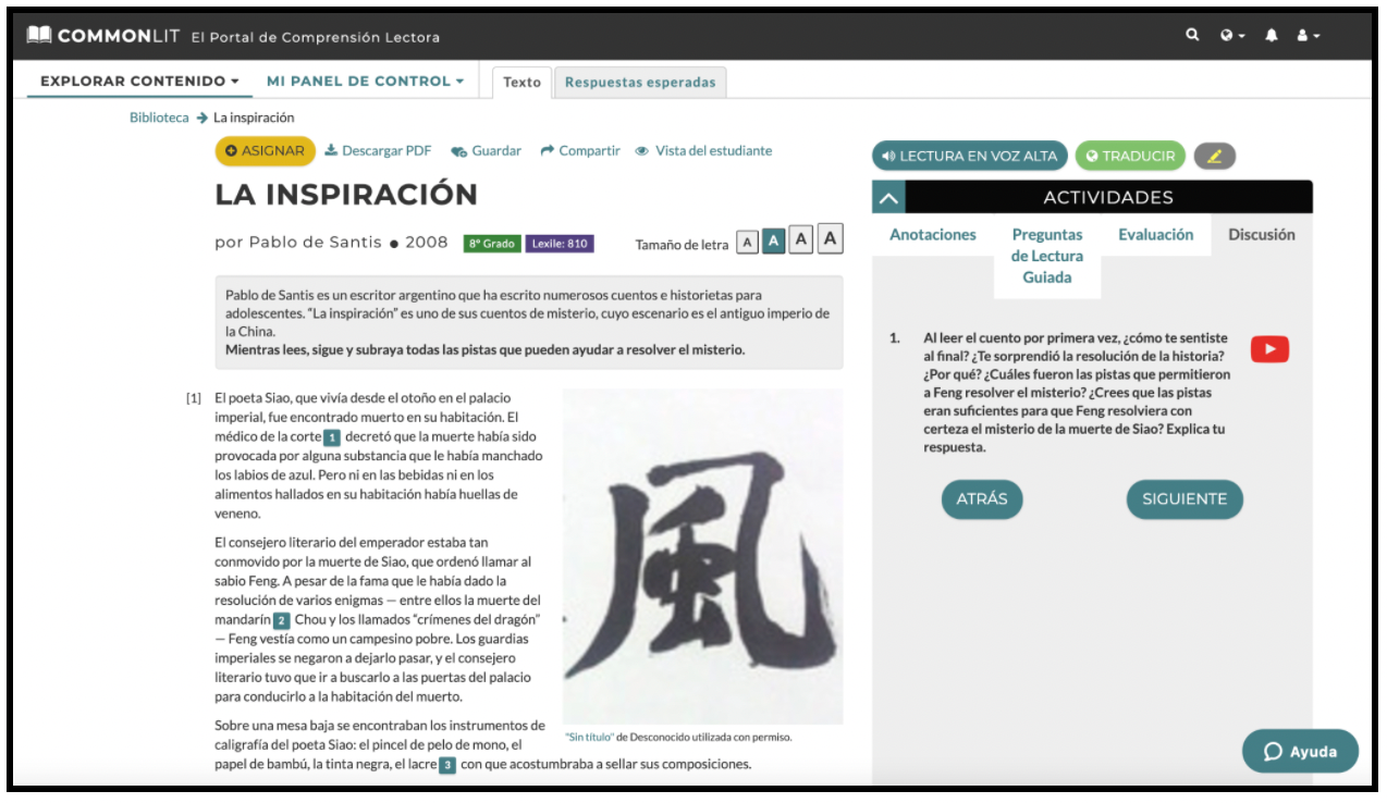 The CommonLit Español lesson "La inspiración."
