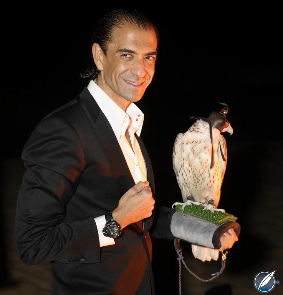 Former Zenith CEO Thierry Nataf with a hooded friend on one wrist and a Defy Xtreme Zero-G on the other