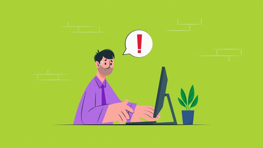 Illustration of a worried UI/UX designer, Rehan Pinjari, working at a desktop computer with an exclamation mark above their head, set on a green background with a plant, symbolizing design project stress from the blog post on avoiding failures.