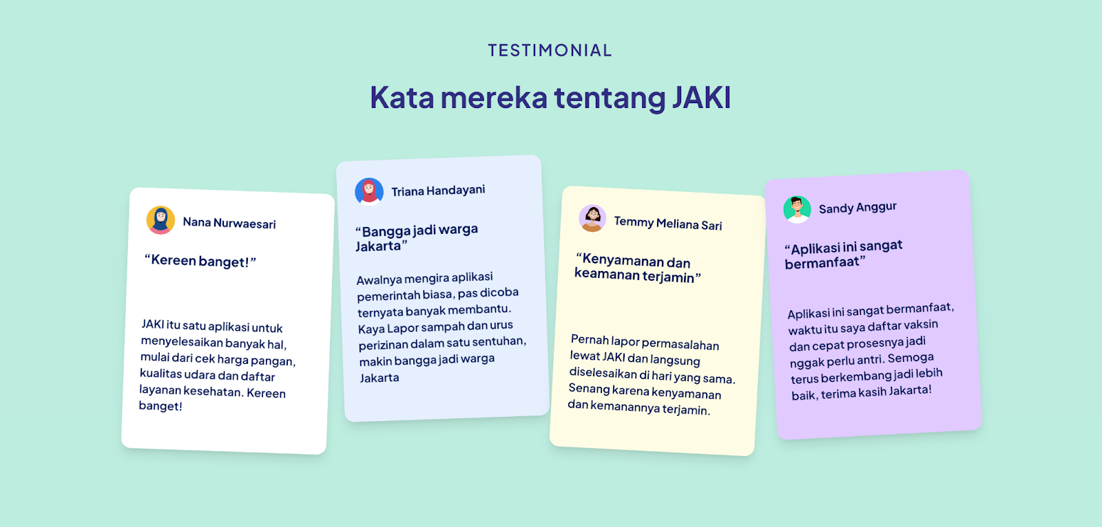 Tampilan bagian Testimonial dari pengguna JAKI