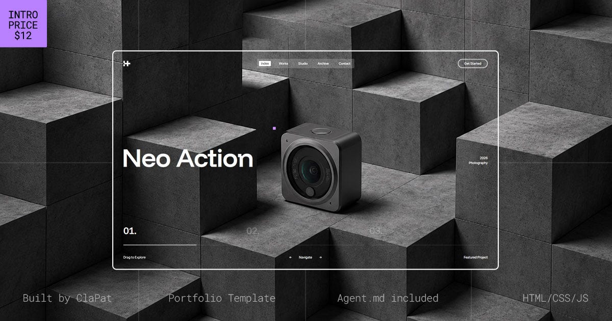 Dark cinematic portfolio template interface featuring brutalist concrete blocks, a floating camera render, minimalist typography, and monochrome UI styling