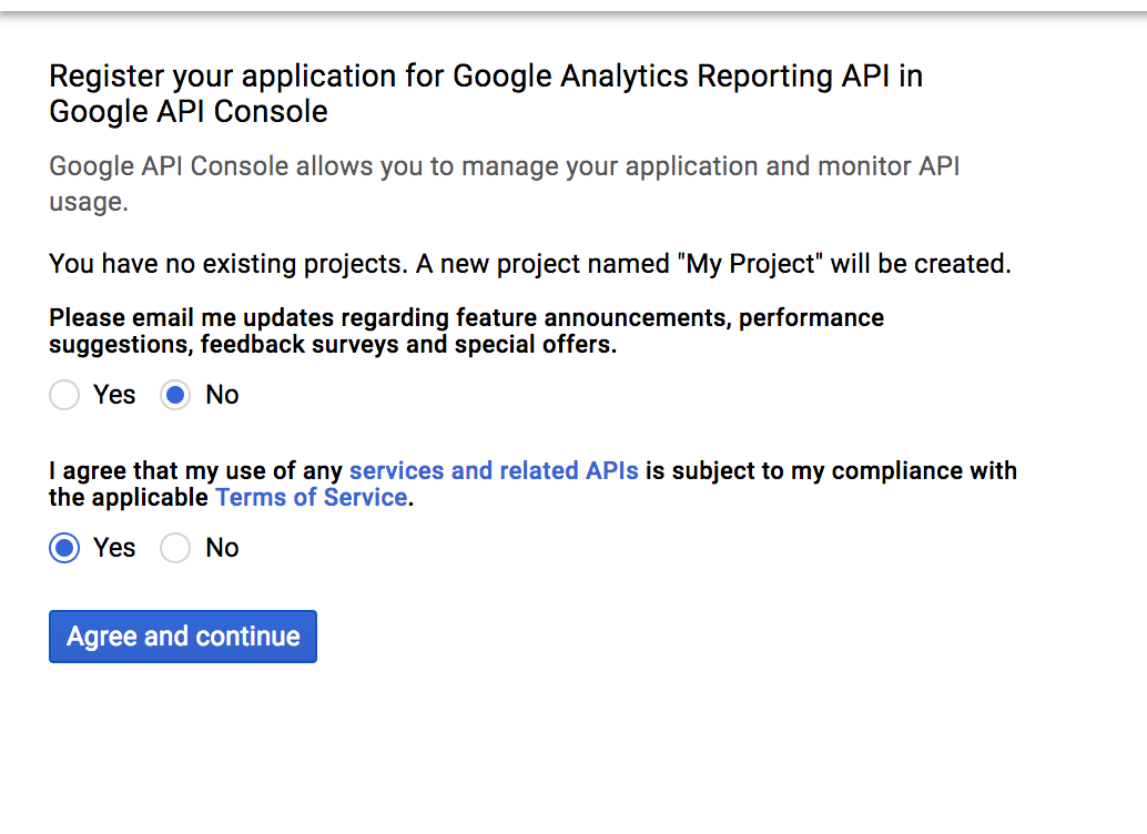 Submitting Your First Google Analytics Reporting Api Request - step 1 if you have an existing project you may have a different screen but choose create a new project regardless unless you have a good reason to