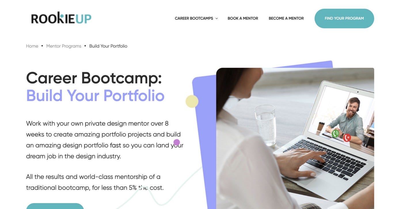 The homepage of RookieUp, a design and portfolio bootcamp