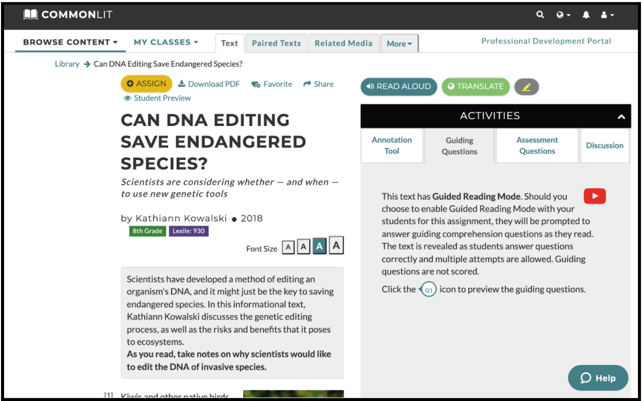 The CommonLit text "Can DNA Editing Save Endangered Species?"