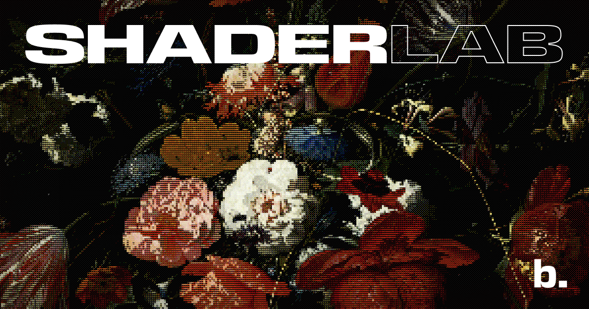 Glitchy visual composition with scanline effects and distorted imagery under bold “Shader Lab” typography, showcasing shader-based visual processing.