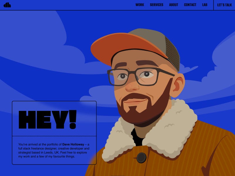 Dave Holloway portfolio homepage with illustrated character wearing glasses and cap, bold “HEY!” headline, and blue sky background with clouds