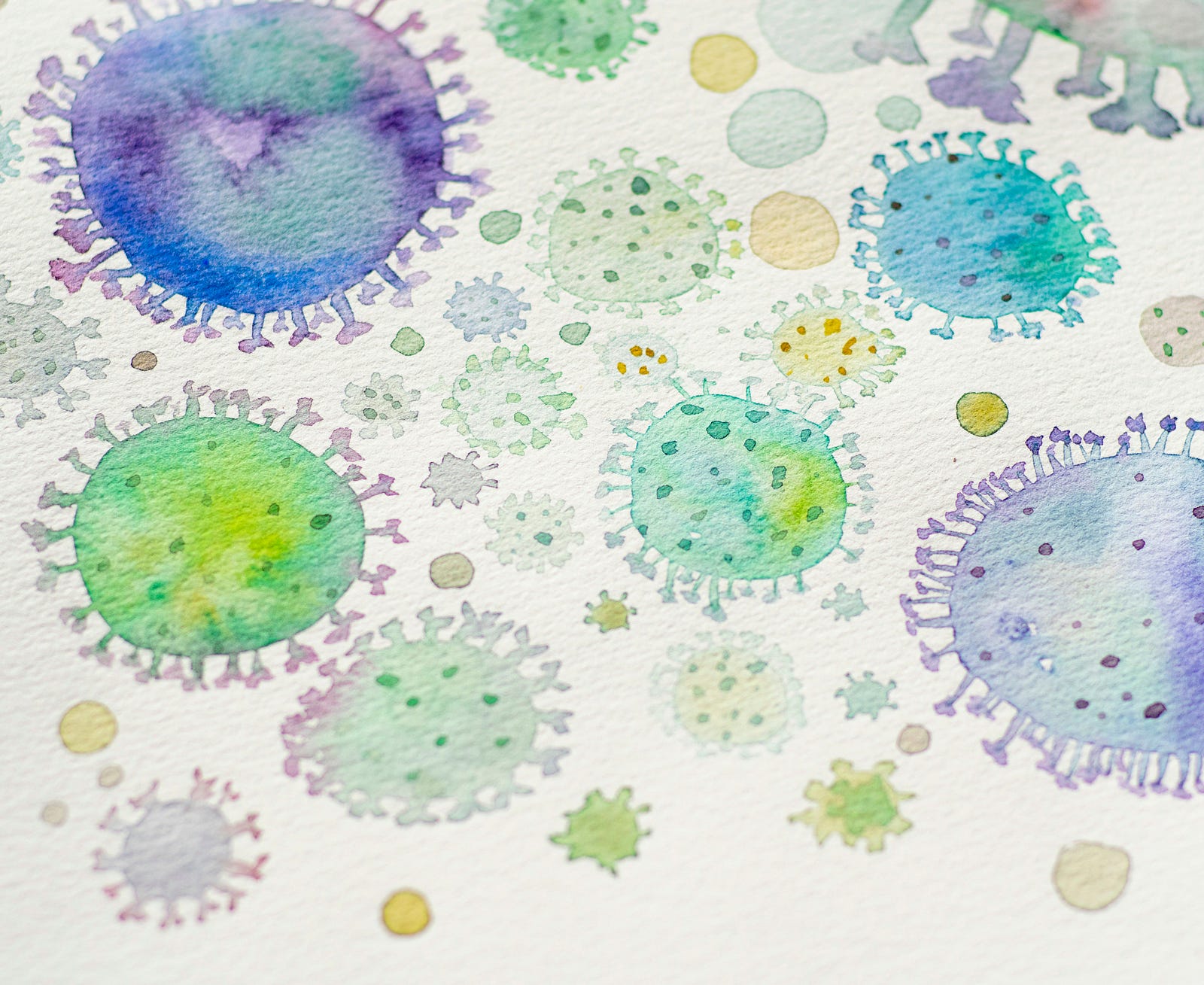 COVID-19 viruses, depicted in a colorful cartoon. The American Society of Clinical Oncology recently receased new vaccination guidelines for those with cancer.