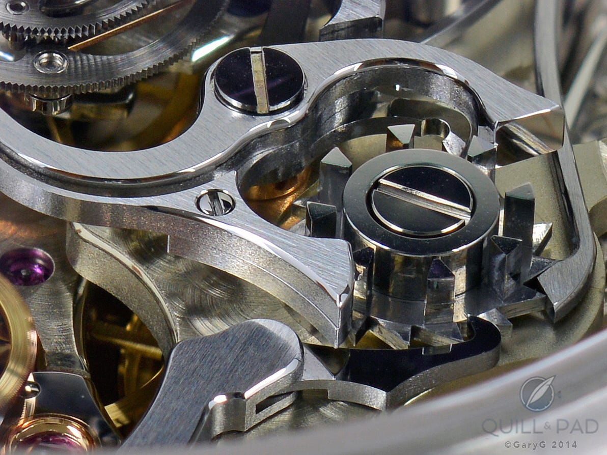 A. Lange & Söhne Double Split movement detail: can you count the number of different finishing techniques?
