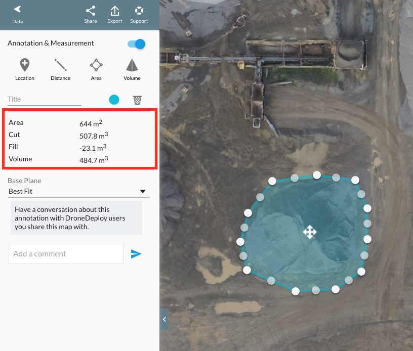 Drone Maps Enable Instant Accurate Volumetric Analysis - calculate the volume of a stockpile by selecting its perimeter in dronedeploy s volume measurement tool